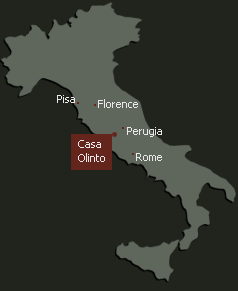Map of Italy showing Florence, Pisa, Rome, Perugia and Casa Olinto